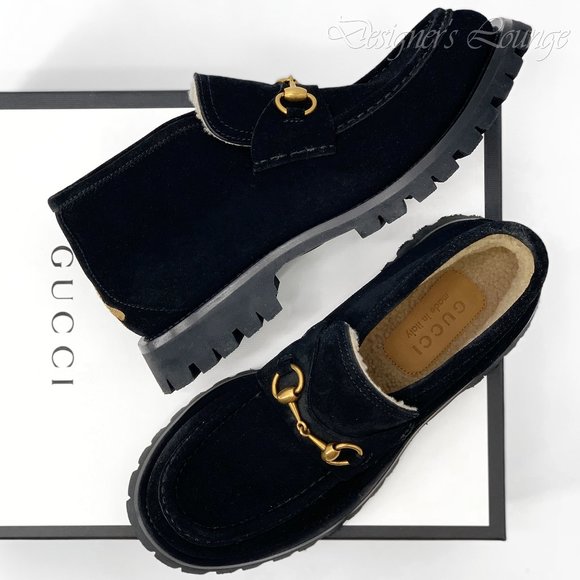 ⚡️SOLD! NEW GUCCI Horsebit Black Suede Shearling Bee Loafer Ankle Boot 8G/US 8.5 - Picture 2 of 10
